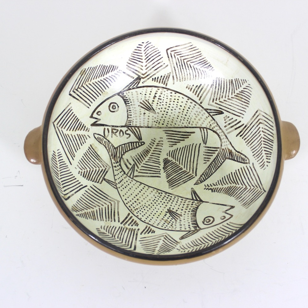 Clay Pottery Fish Bowl with Handles Marked Uros
